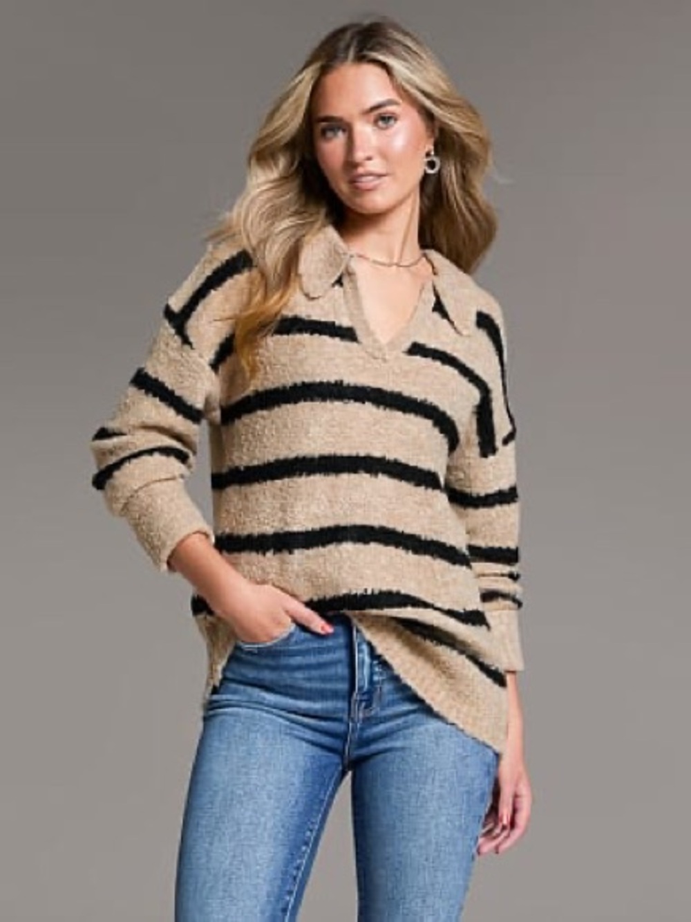 BKE Beige and Black Nubby Striped V-Neck Prep Edit Sweater